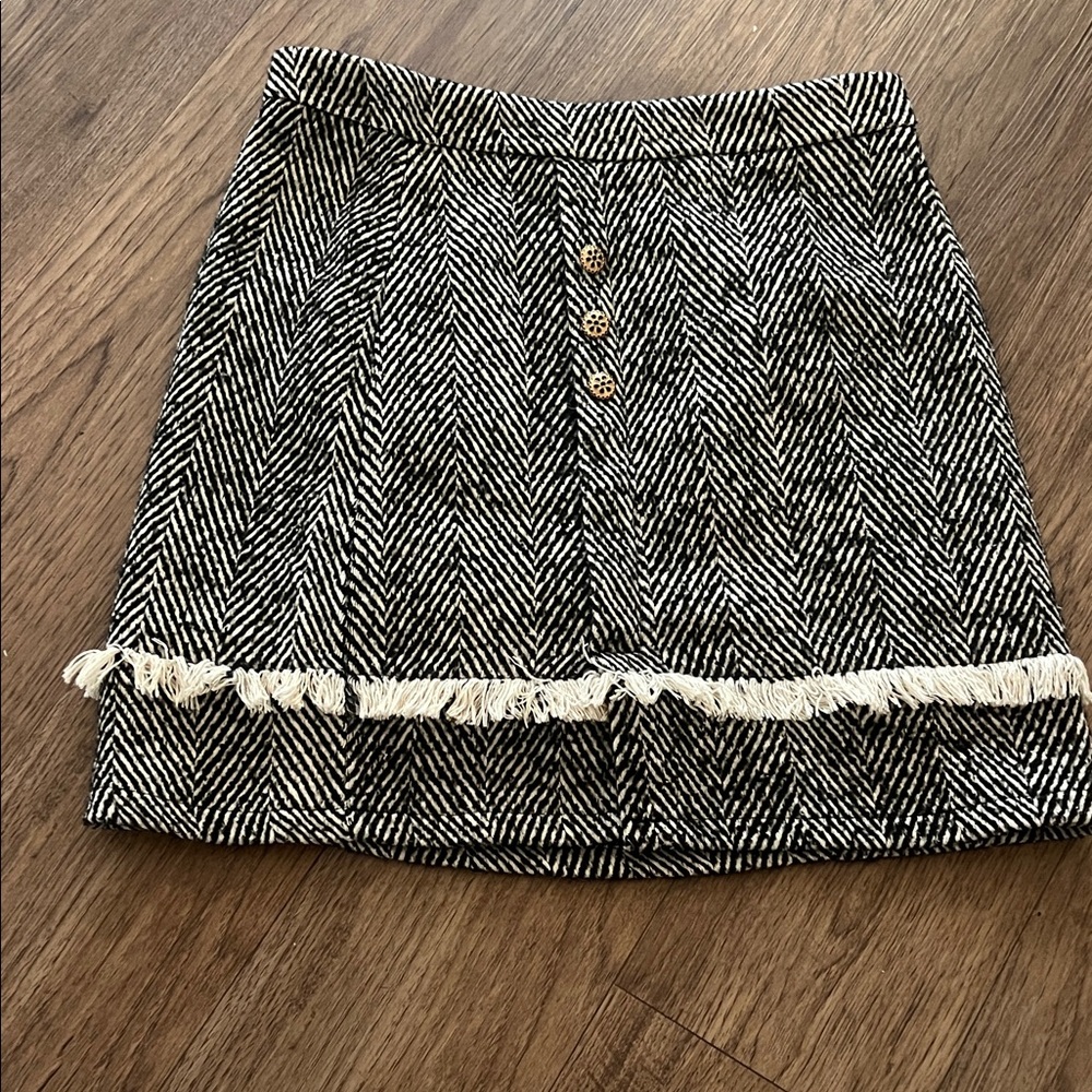 Black & White Herringbone Fringe Mini Skirt